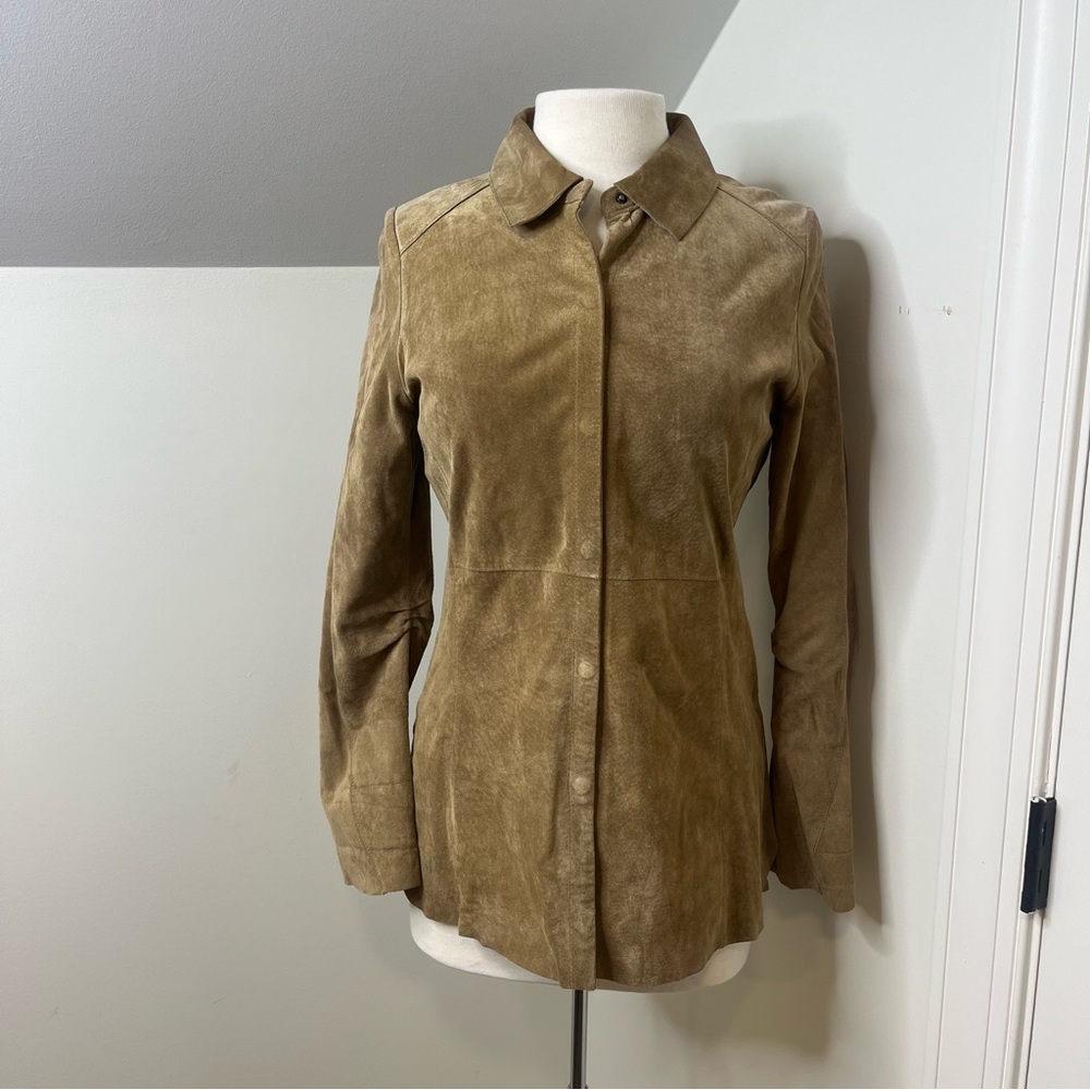 Ecru Genuine Leather Suede Tan Western Vintage Button Up Collar Top